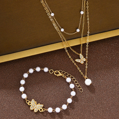 2pc Pearl Butterfly Bracelet & Necklace Set