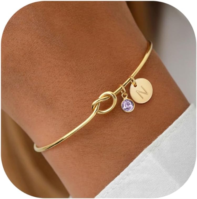 Birthstone Initial Knot Bangle Bracelet