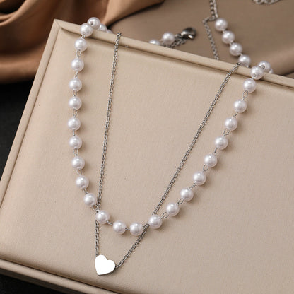 2pc Pearl and Heart Pendant Necklace Set