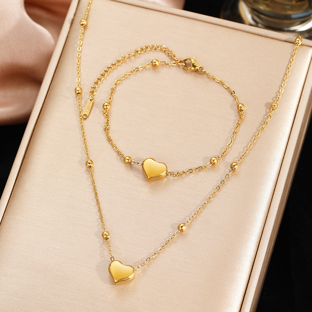 2pc Gold Heart Pendant Necklace & Bracelet Set
