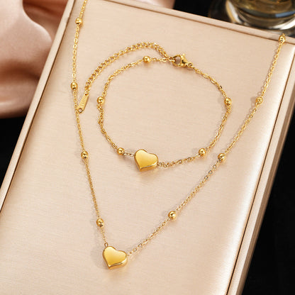 2pc Gold Heart Pendant Necklace & Bracelet Set