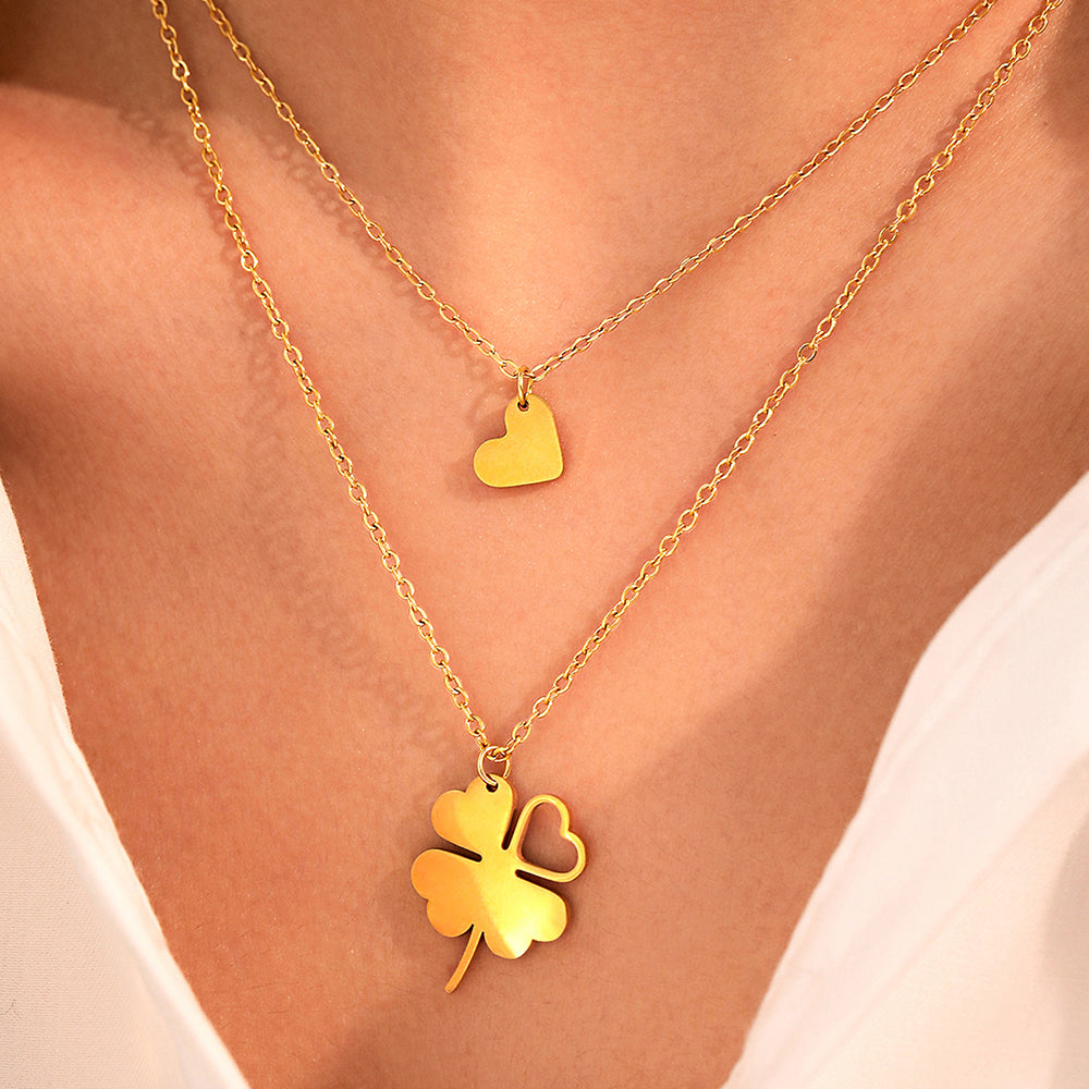2pc Gold Clover & Heart Pendant Necklace Set