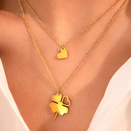 2pc Gold Clover & Heart Pendant Necklace Set