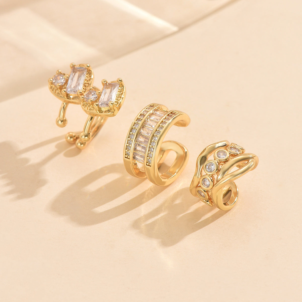 3pc Gold Crystal Cuff Earring Set