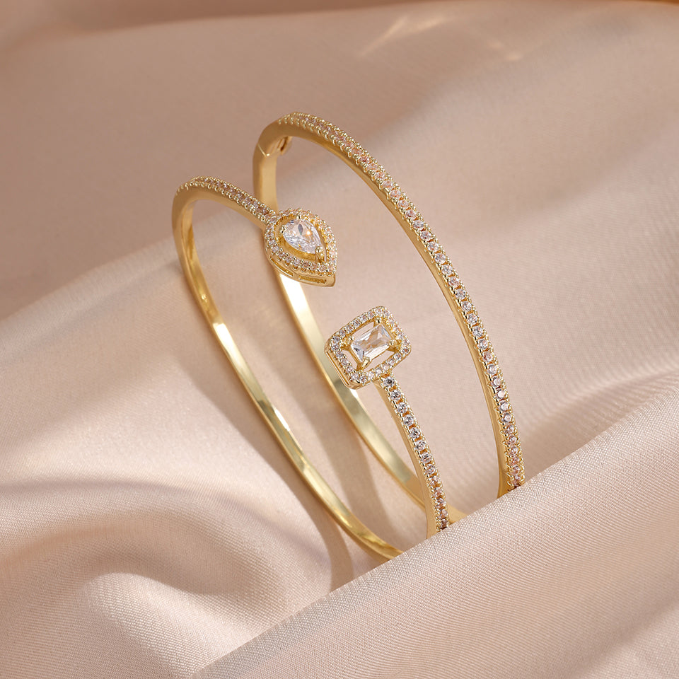 2pc Elegant Zircon Gold Bangle Set
