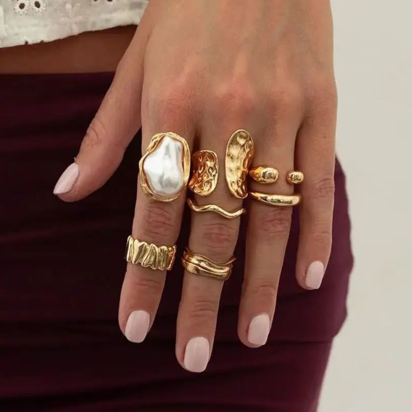 7pc Baroque Pearl Chunky Ring Set