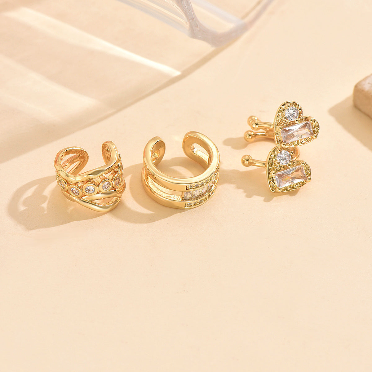 3pc Gold Crystal Cuff Earring Set