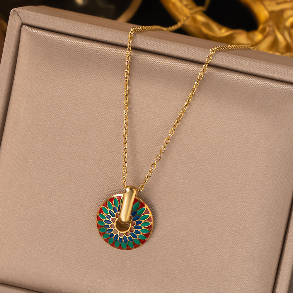 Colorful Enamel Medallion Necklace & Hoop Earrings Set