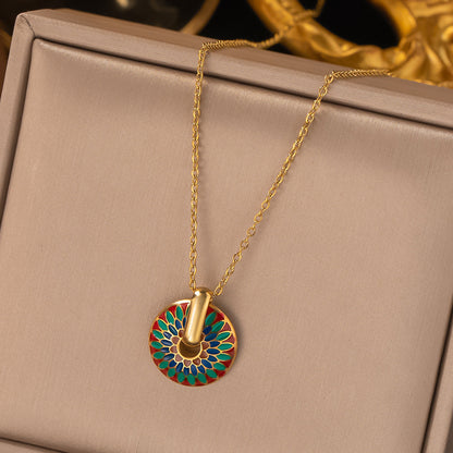 Colorful Enamel Medallion Necklace & Hoop Earrings Set