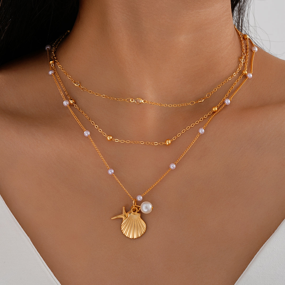 3pc Seashell Pearl Layered Necklace Set