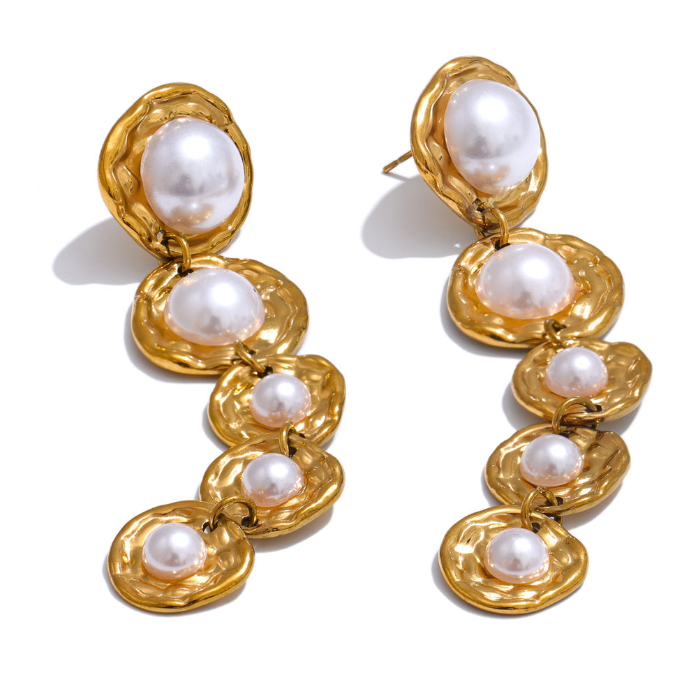 Gold Textured Pearl Drop Earrings