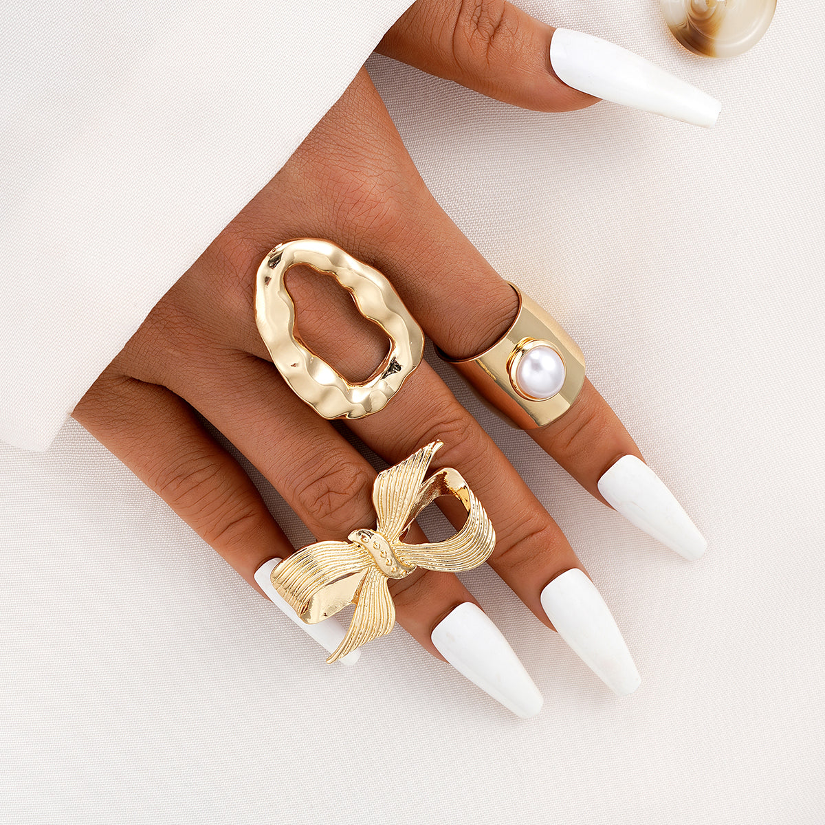 3pc Gold Statement Ring Set – Bow, Pearl & Abstract