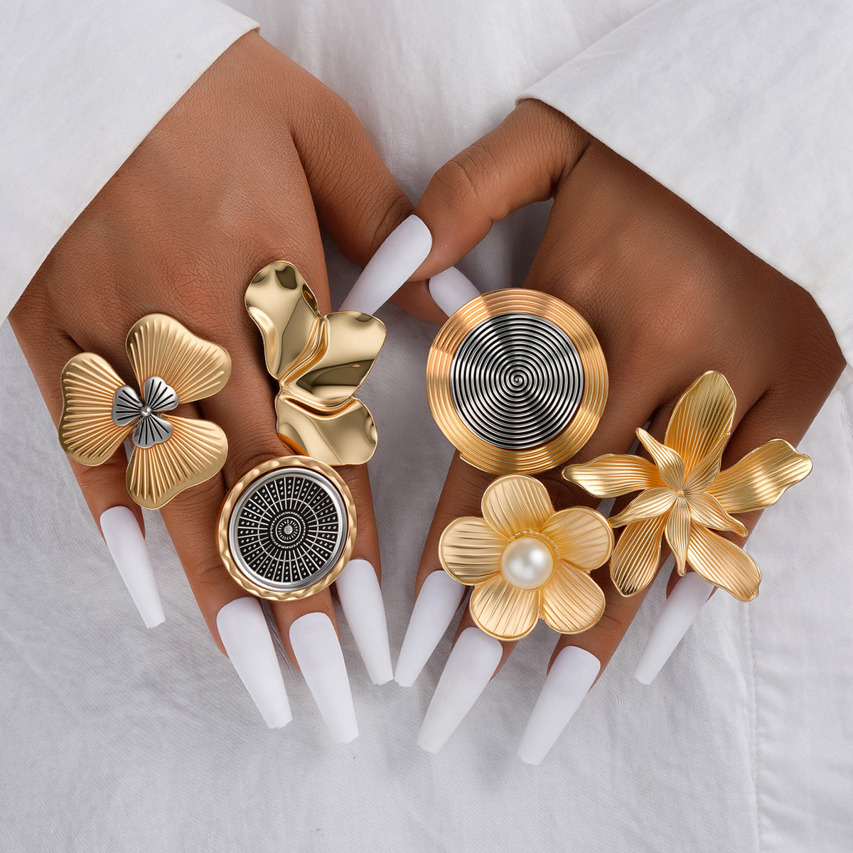 6pc Oversized Floral & Abstract Ring Set