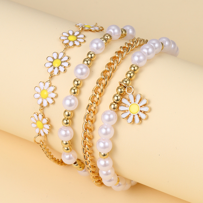 5pc Vintage Daisy & Pearl Bracelet Set