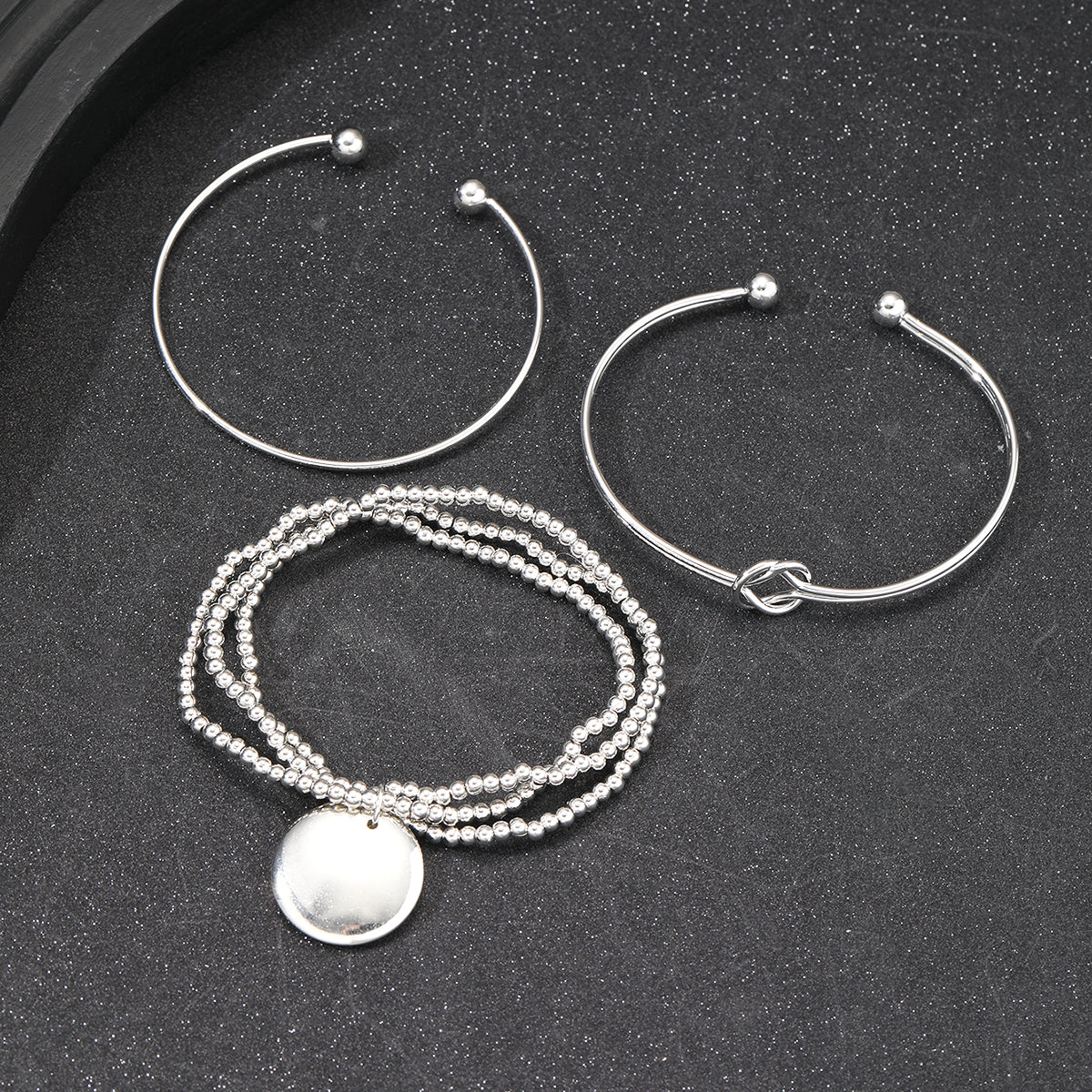 3pc Minimalist Silver Bangle & Beaded Bracelet Set