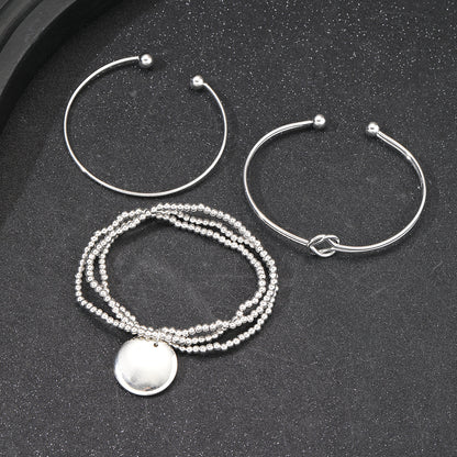 3pc Minimalist Silver Bangle & Beaded Bracelet Set