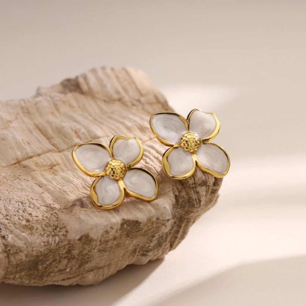 Pink Enamel Flower Stud Earrings