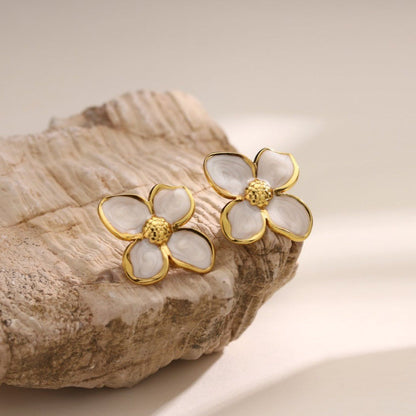 Pink Enamel Flower Stud Earrings