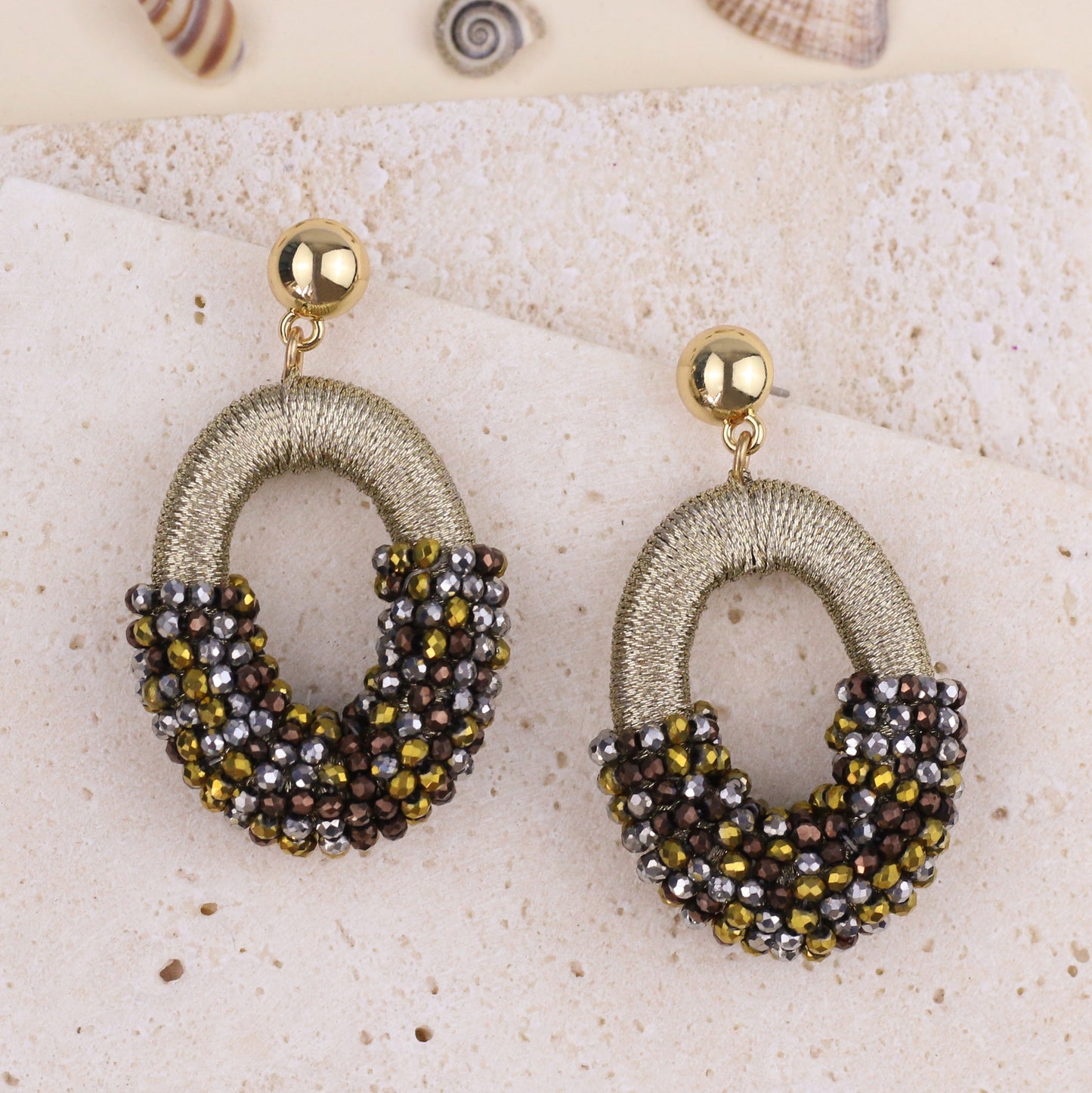 Beaded Gold Cluster Stud Earrings