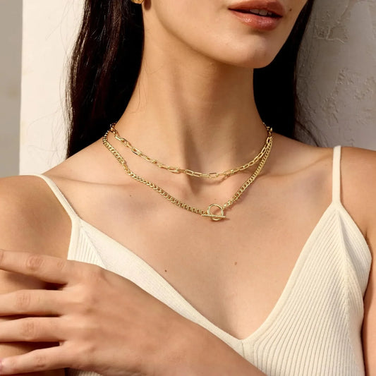 3-Layer Gold Chain Necklace with Toggle Clasp