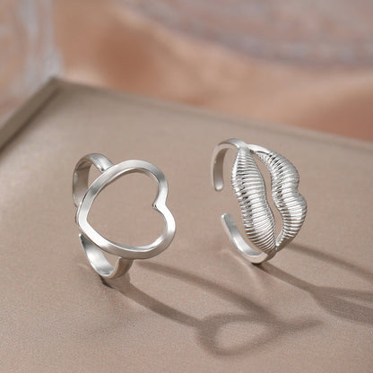 2pc Gold Heart & Lips Ring Set