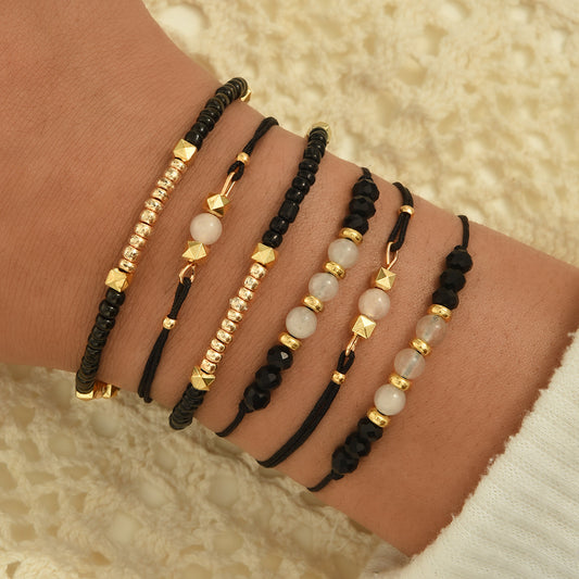 6pc Black Beaded Adjustable Bracelet Set