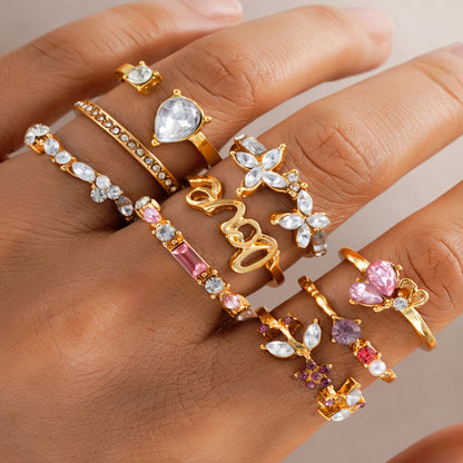 9pc Colorful Crystal Butterfly Ring Set