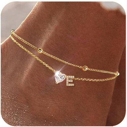 Gold Heart Charm Initial Anklet