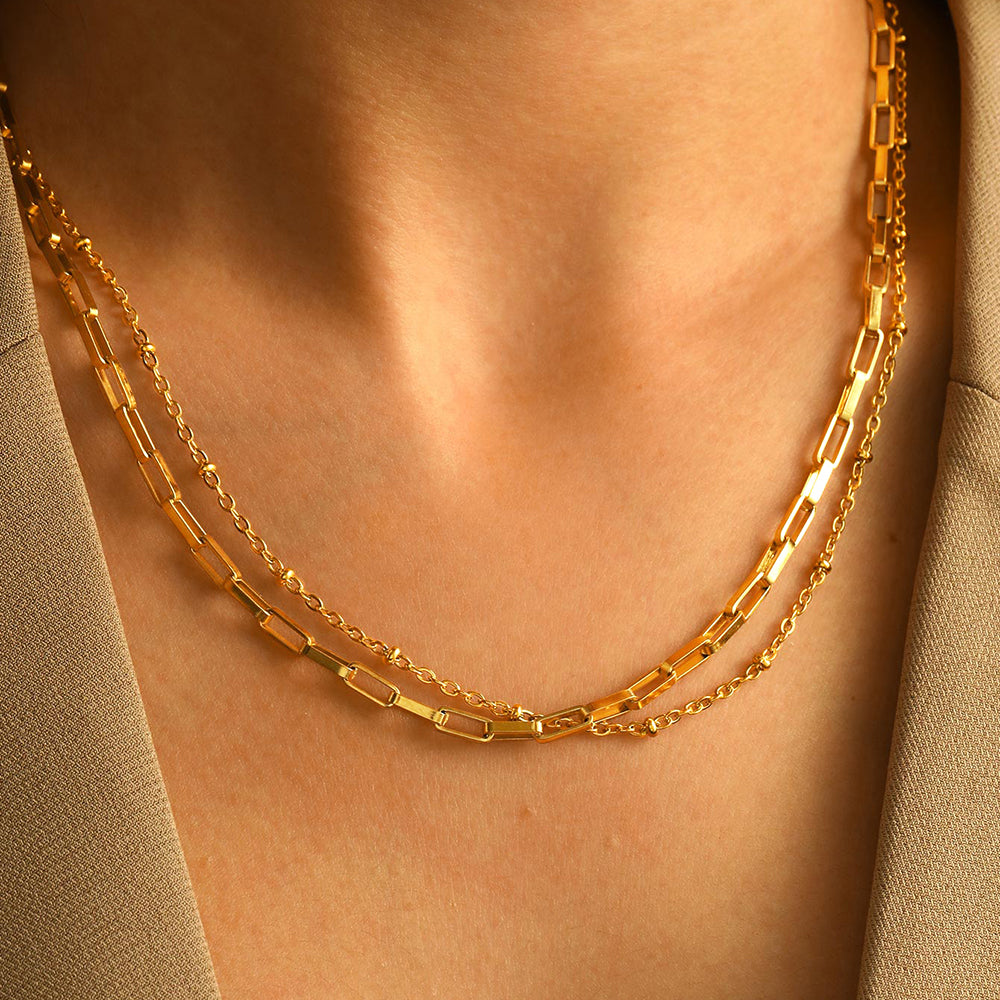 2pc Paperclip and Bead Chain Necklace Set