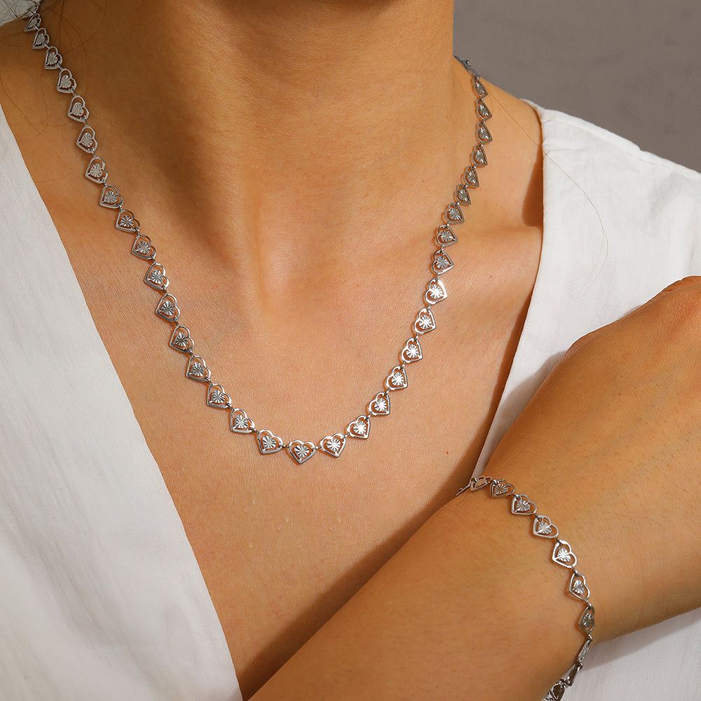 2pc Gold Heart Link Necklace & Bracelet Set
