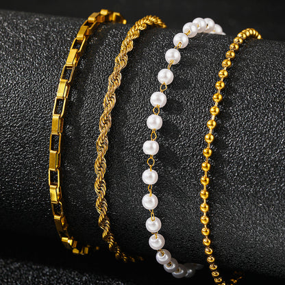 4pc Gold & Pearl Chain Bracelet Set