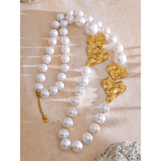 Chunky Pearl & Gold Heart Statement Necklace