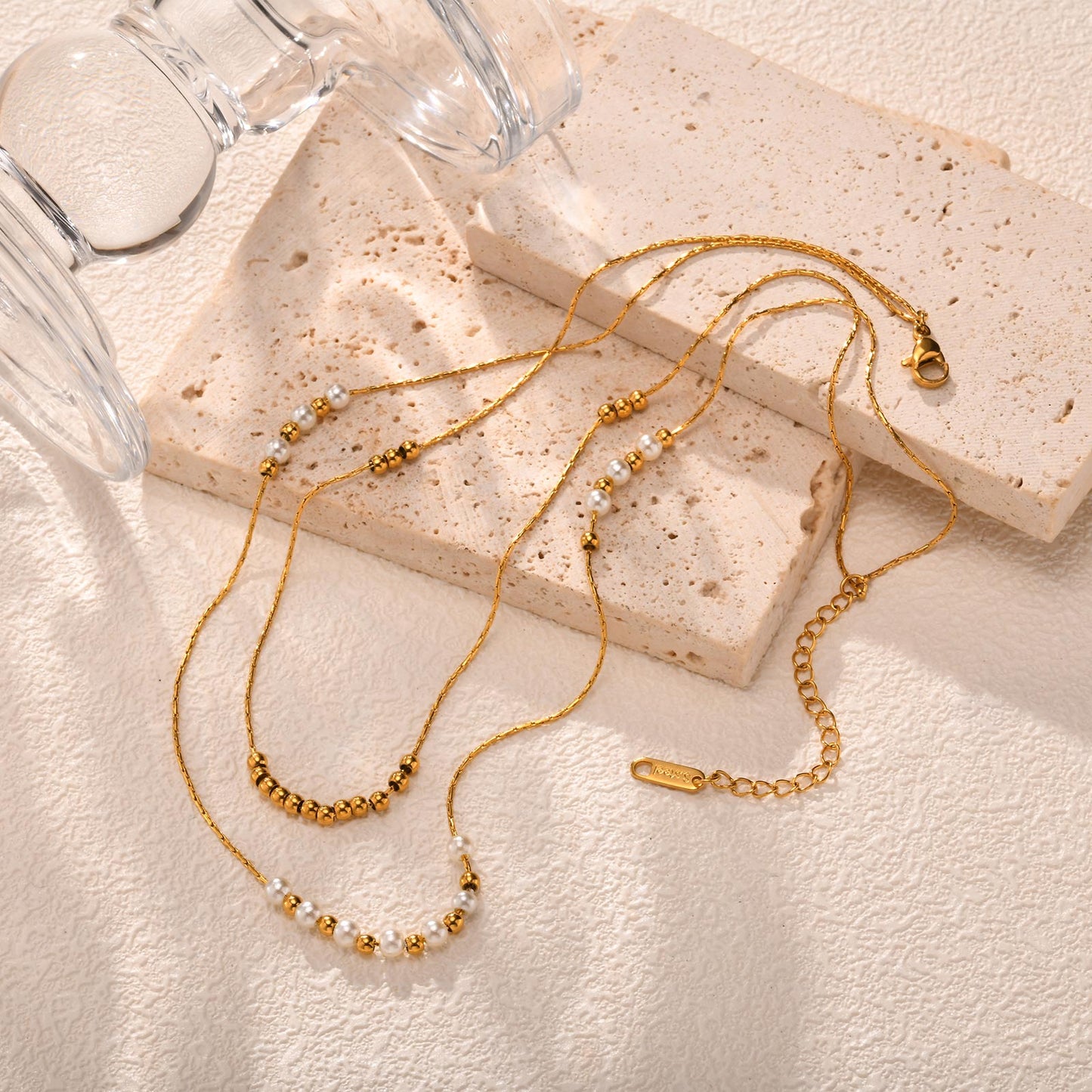 2pc Dainty Pearl and Gold Bead Necklace Set