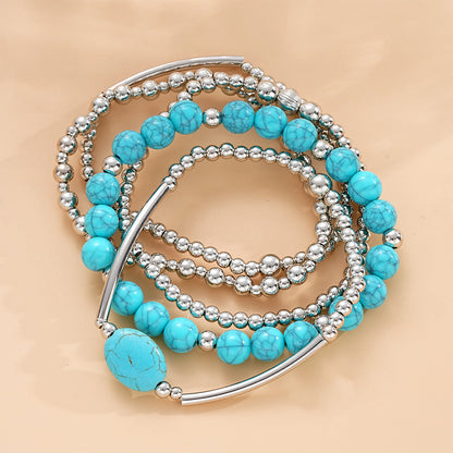 5pc Boho Turquoise & Silver Bangle Bracelet Set