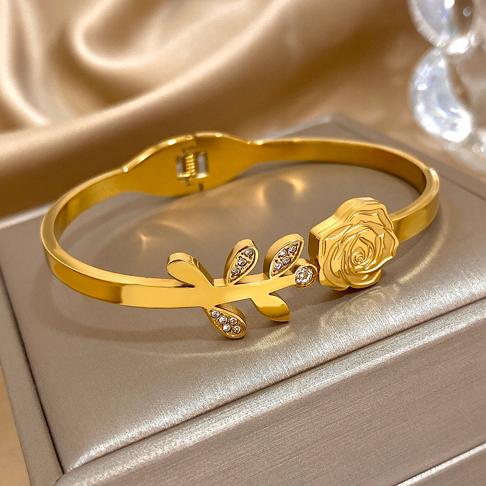 Gold Rose Stem Bangle Bracelet