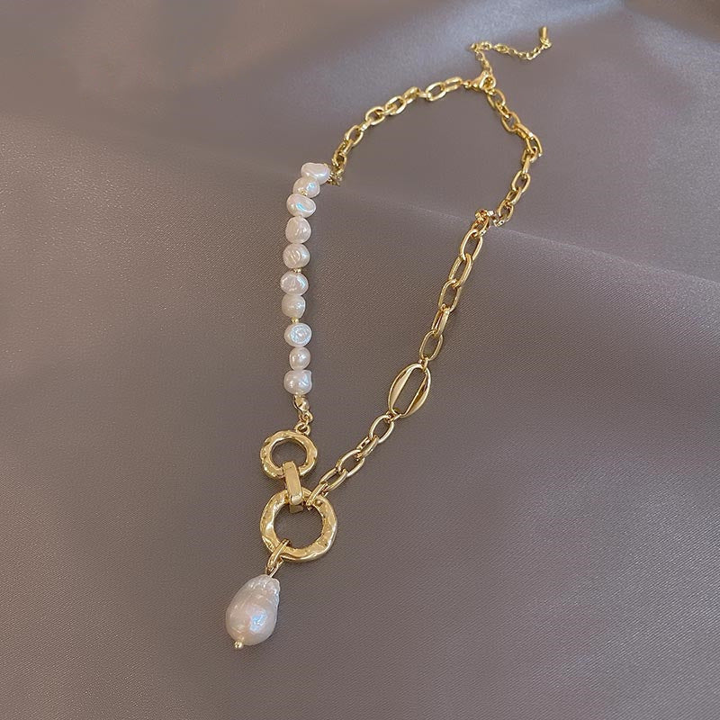 Asymmetric Pearl & Chain Drop Necklace
