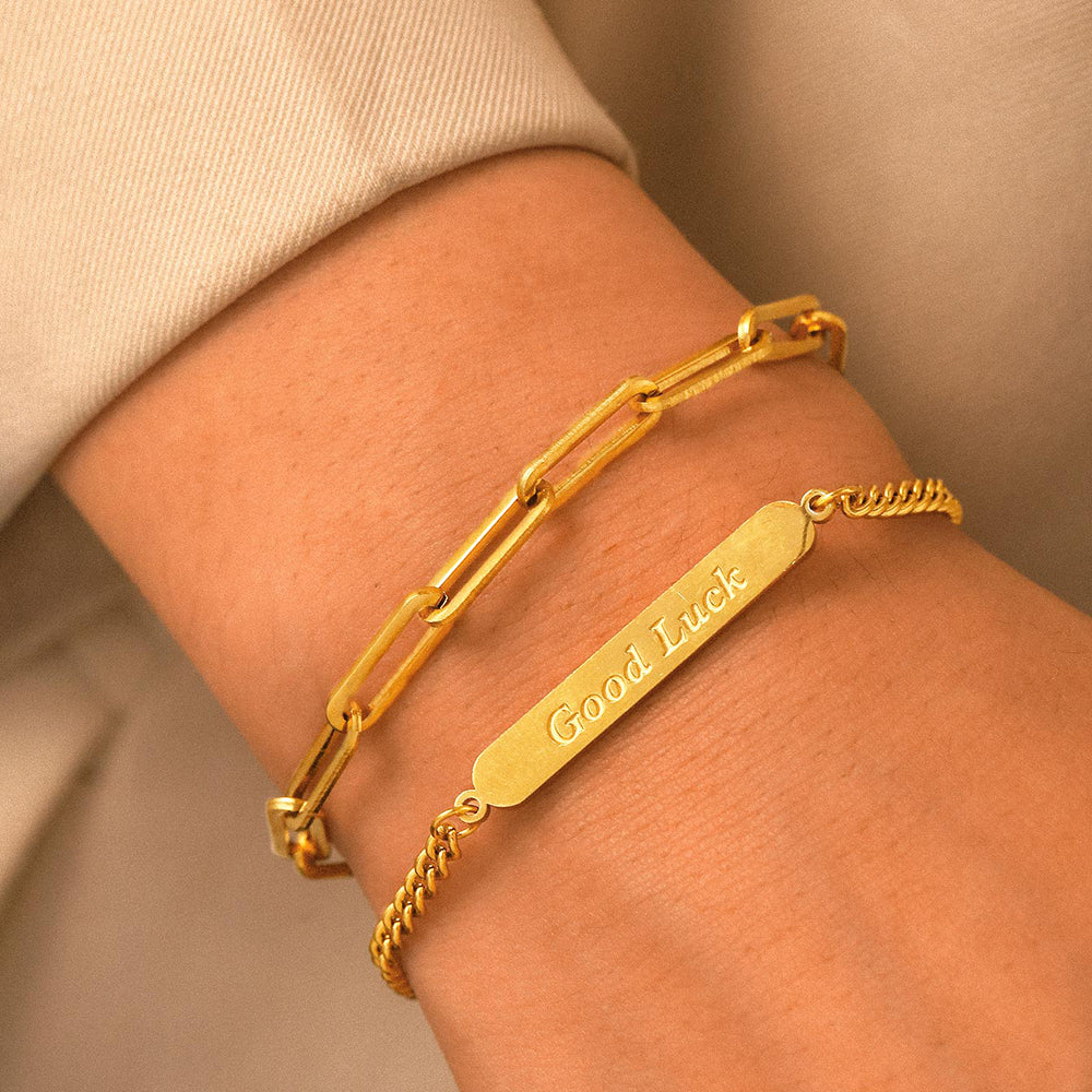 Good Luck Tag & Paperclip Chain Bracelet Set