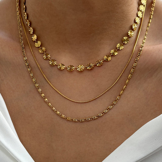 3-Layer Geometric Sunburst & Chain Necklace Set