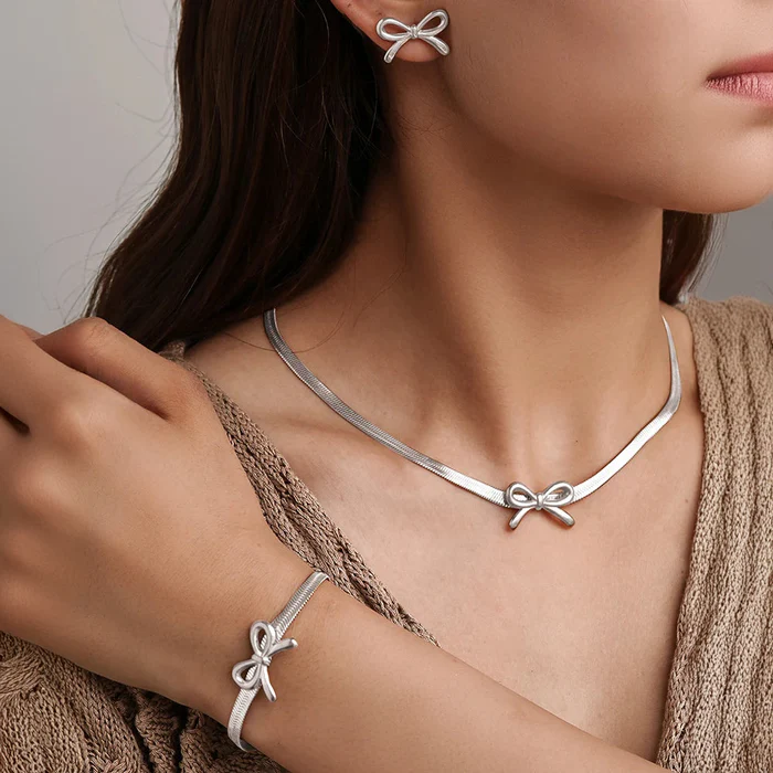 3pc Dainty Bow Necklace, Bracelet, & Earrings Set