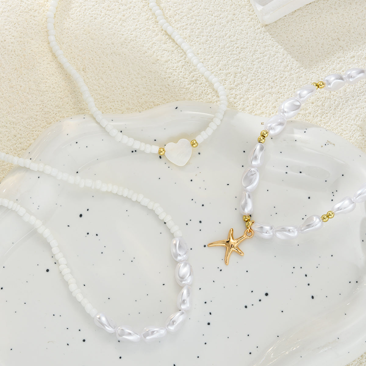 3pc Pearl Beaded Starfish Necklace Set
