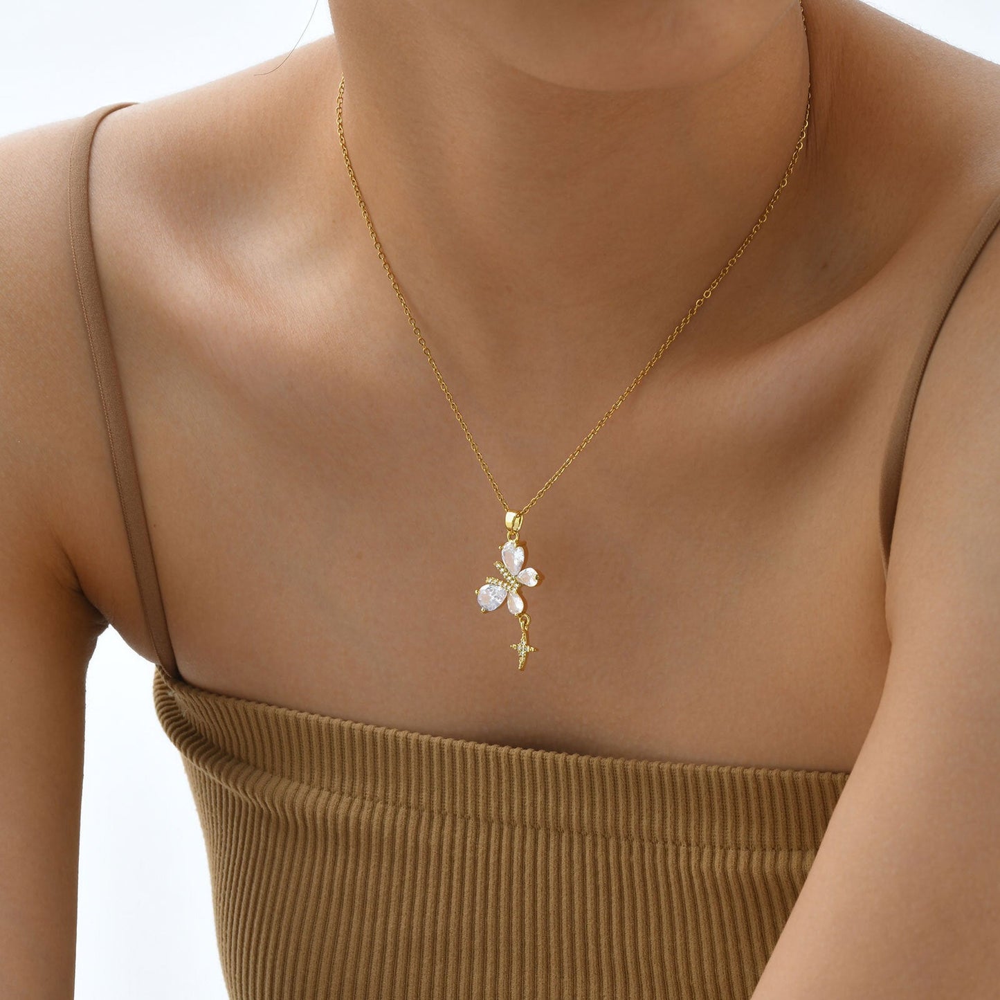 Gold Butterfly Flower Pendant Necklace