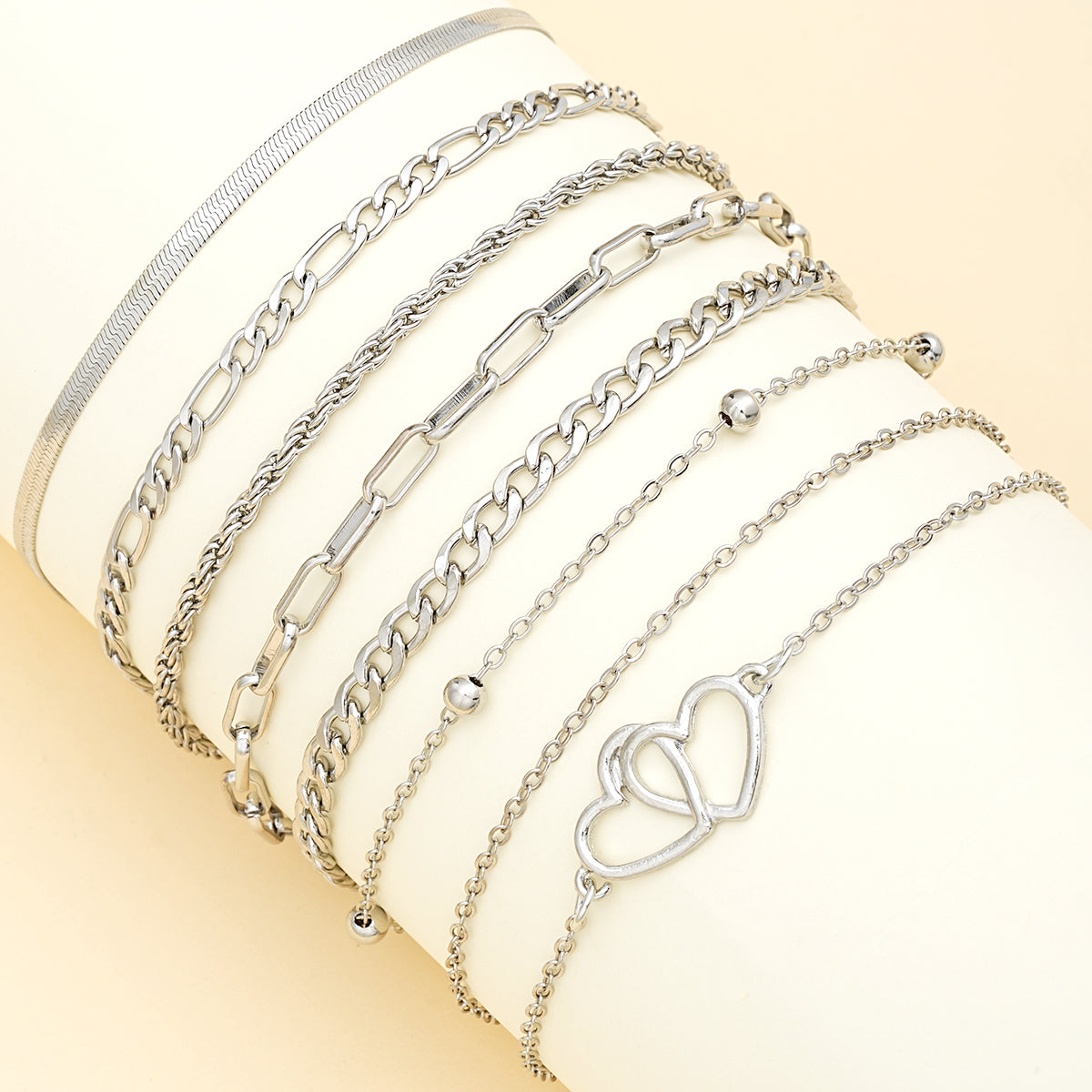 7pc Boho Double Heart Anklet Set