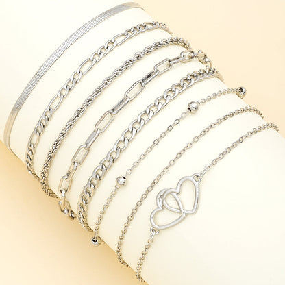 7pc Boho Double Heart Anklet Set