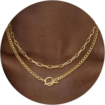 3-Layer Gold Chain Necklace with Toggle Clasp