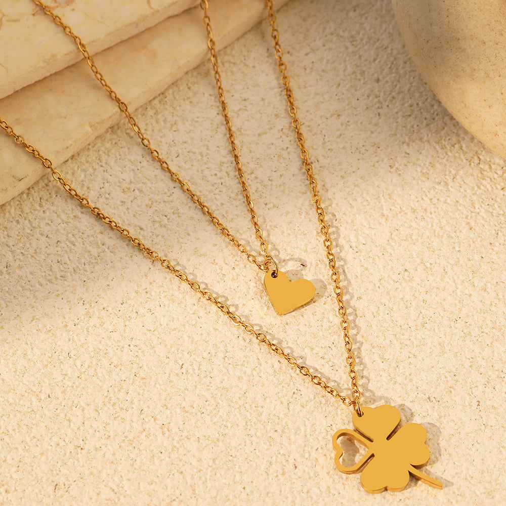 2pc Gold Clover & Heart Pendant Necklace Set
