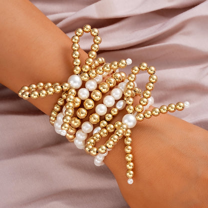 6pc Pearl & Gold Beaded Bow Bracelet Set