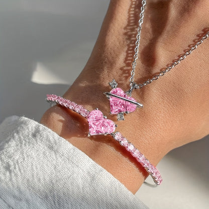 Pink Heart Crystal Necklace & Bracelet Set