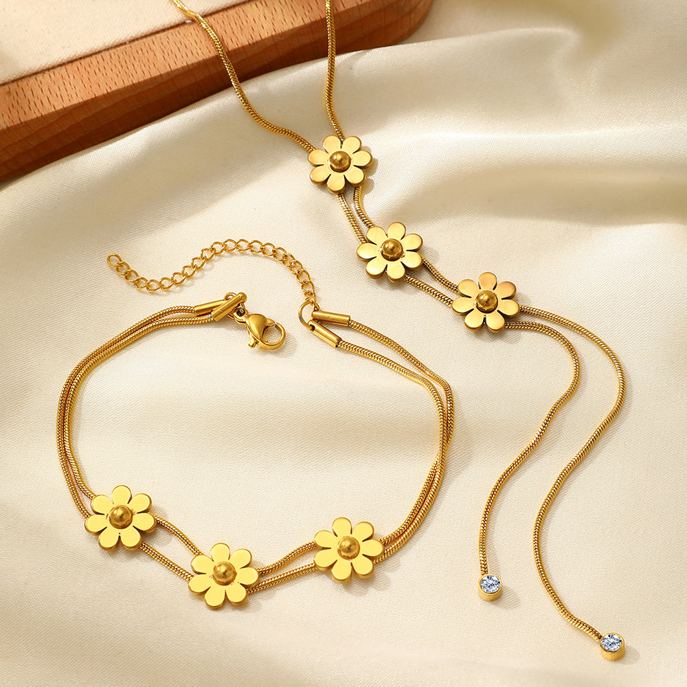 Gold Daisy Y-Necklace & Bracelet Set
