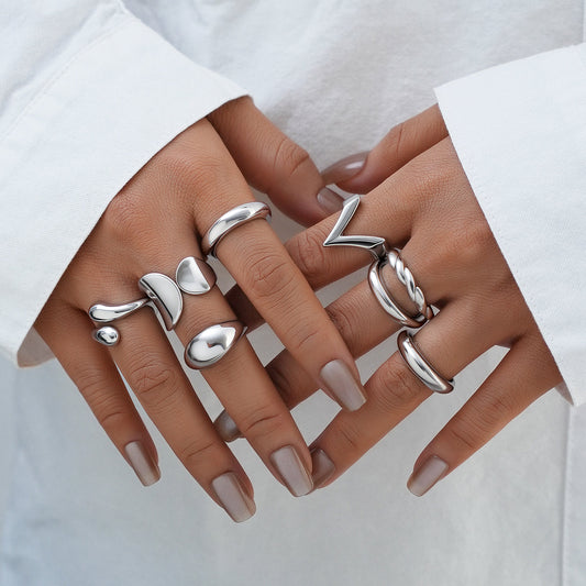 7pc Bold Silver Statement Ring Set