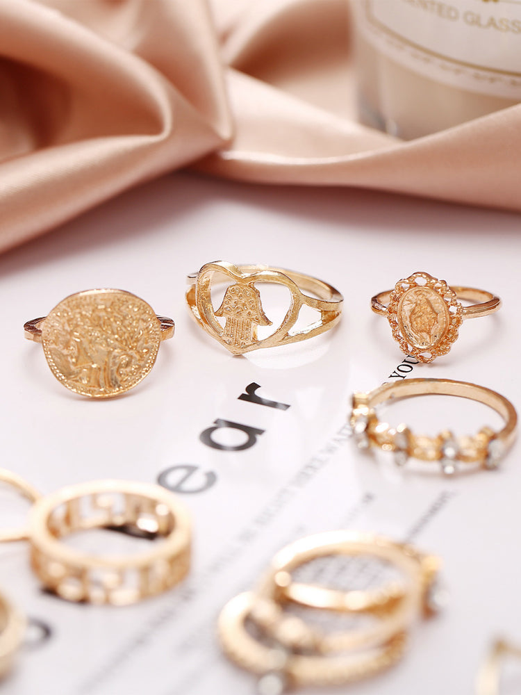 14pc Vintage Coin & Heart Ring Set